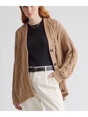 Quince 100% Organic Cotton Oversized Cable Cardigan Camel Size Small